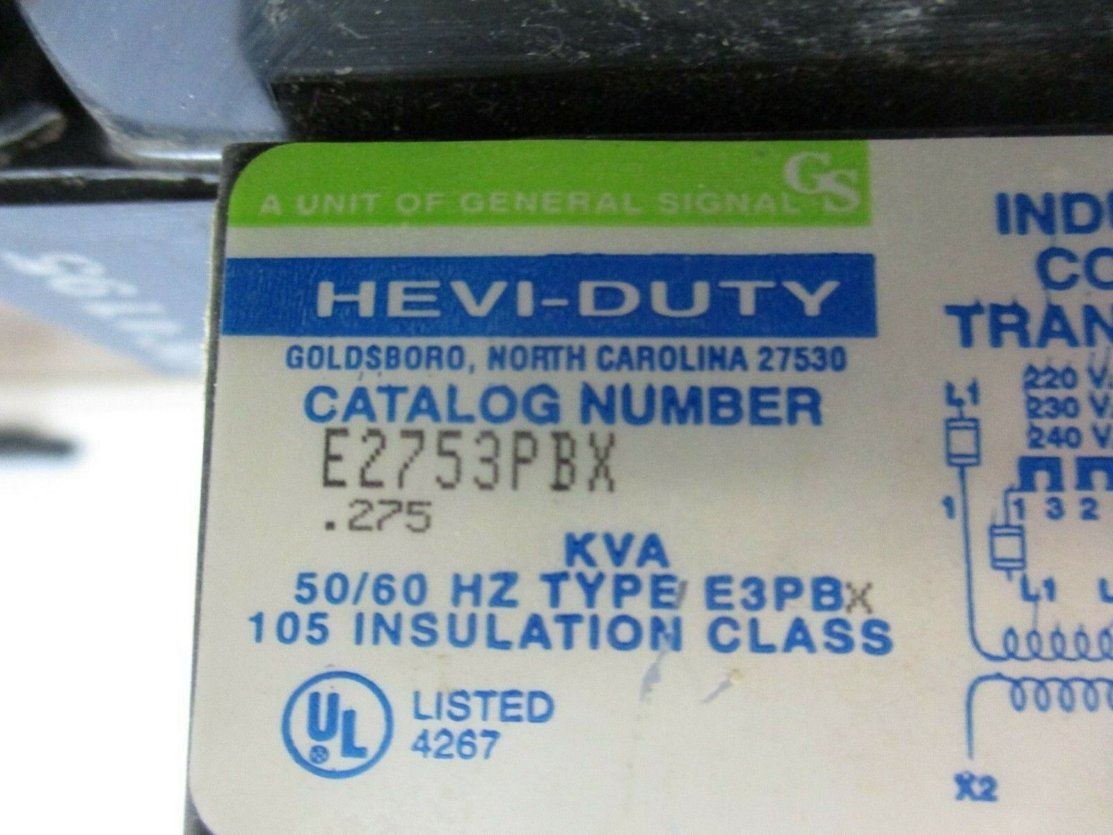 Hevi-Duty Control Transformer E2753PBX 0.275kVA Pri: 240/480V Sec: 120V 50/60Hz