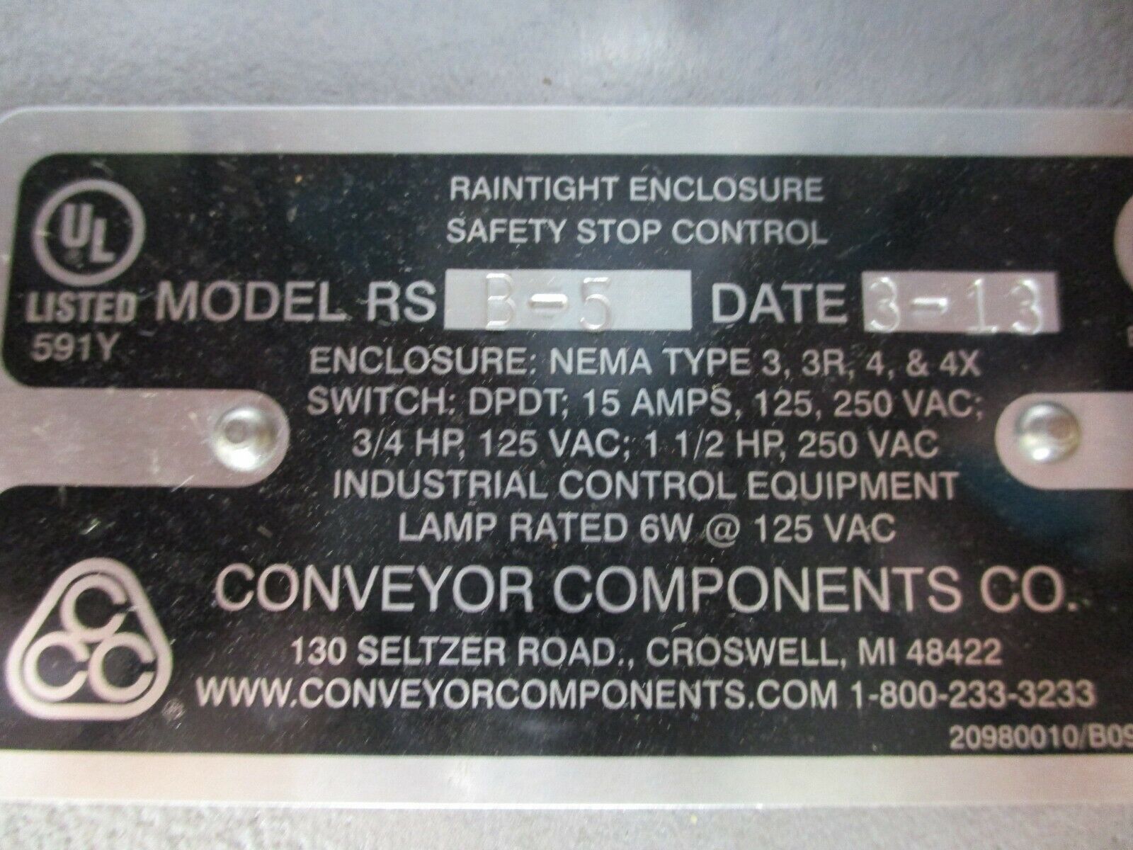 Conveyor Components 3R Safety Stop Control RSB-5 DPDT 15A 125/250V New Surplus