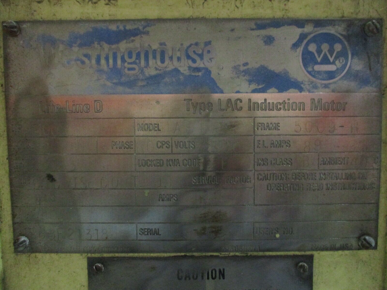 Westinghouse Life-Line D AC Motor 68F21318 400HP 2300V 3600RPM Used