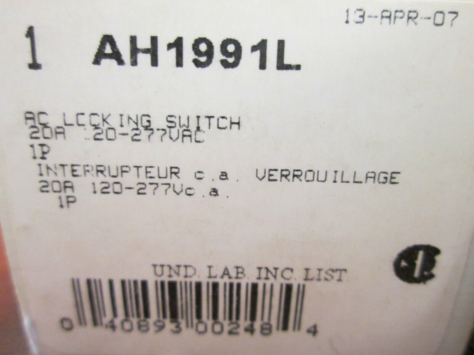 Cooper Locking Switch AH1991L 20A 120/277V Lot of 2 New Surplus