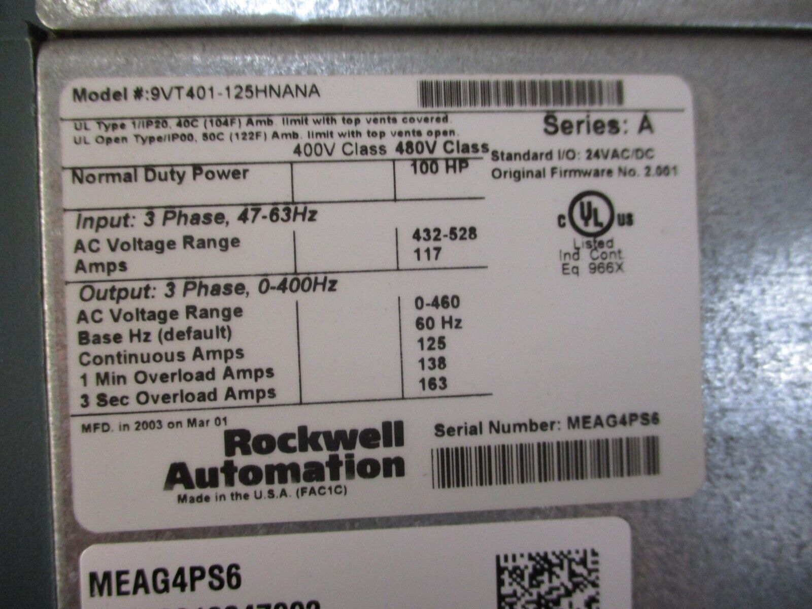 Rockwell Automation VTAC9 AC Drive 9VT401-125HNANA 100HP 3Ph *No Keypad* Used