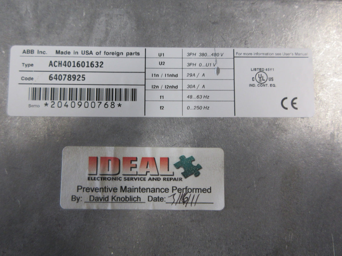 ABB ACH 401 AC Drive ACH401601632 20HP 3Ph *Broken Cover Clip* Used