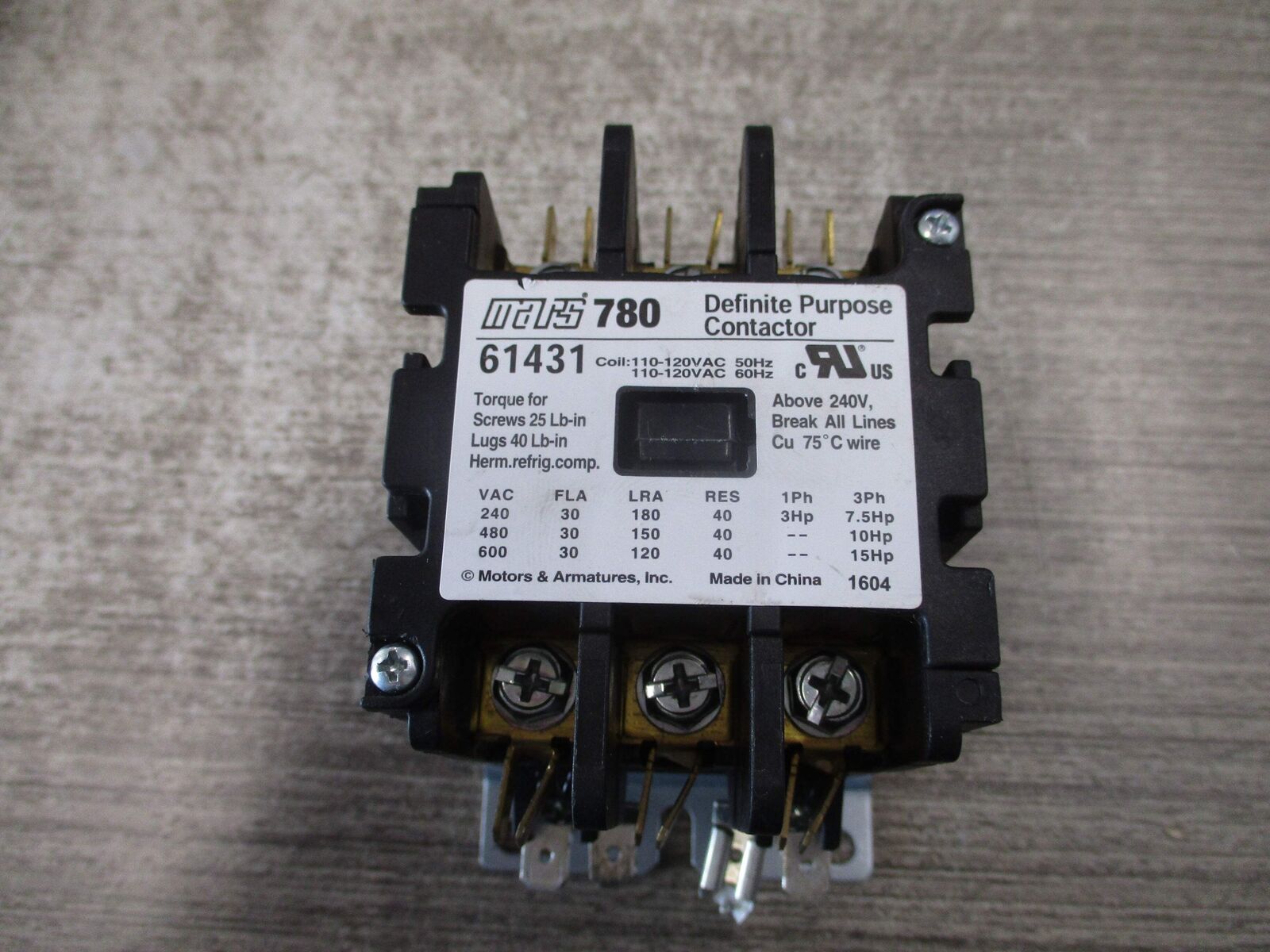 Mars 780 Definite Purpose Contactor 61431 110-120V Coil 30A 600V Used