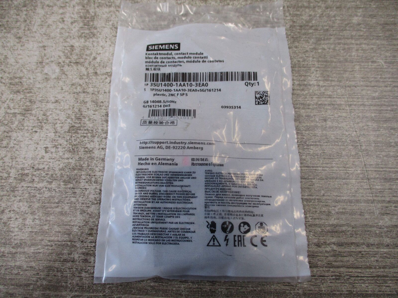 Siemens Contact Module 3SU1400-1AA10-3EA0 2 N.C. New Surplus