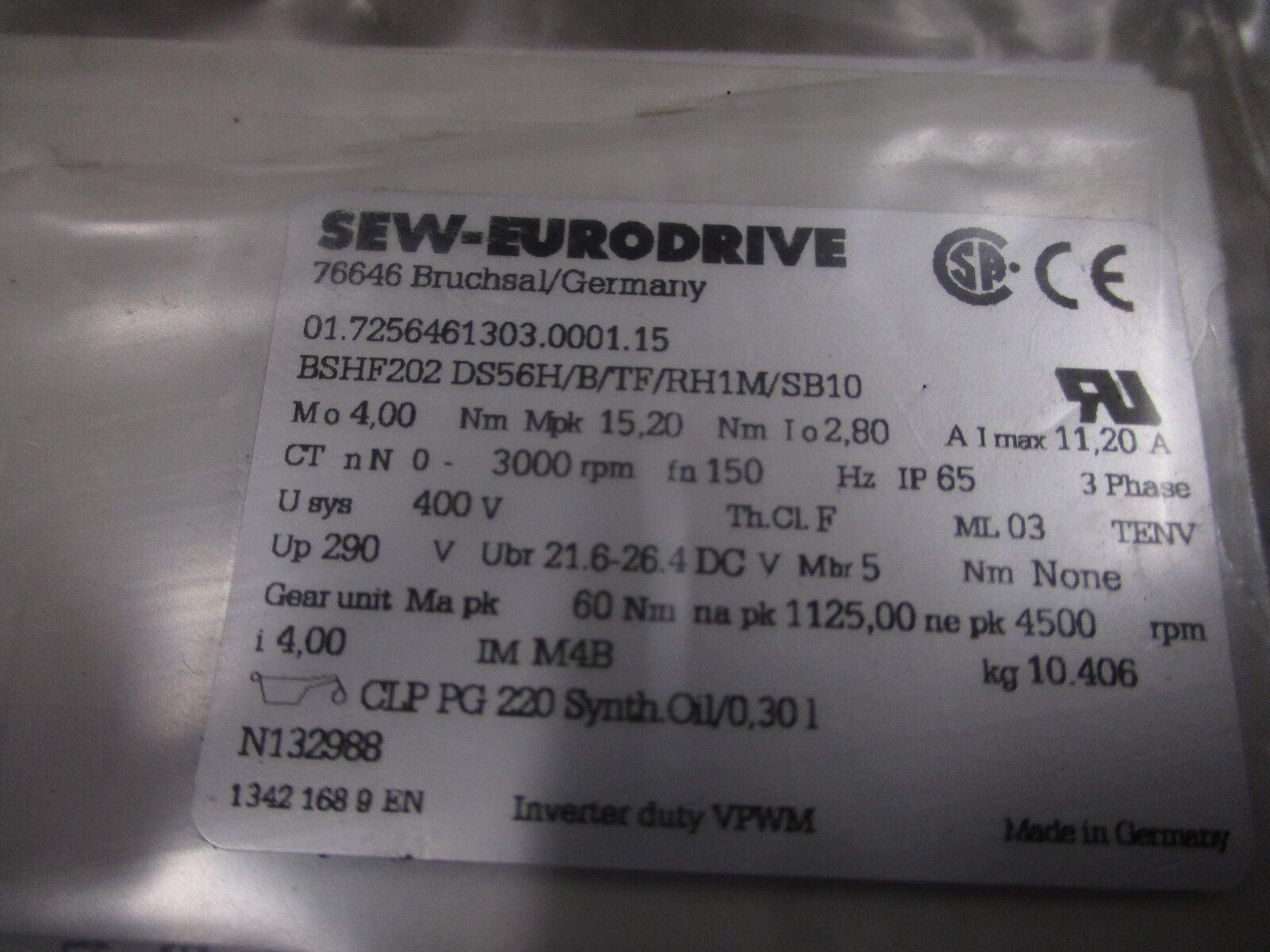 Sew-Eurodrive DC Servo Gearmotor BSHF202 DS56H/B/TF/RH1M/SB10 3000RPM Ratio 4:1