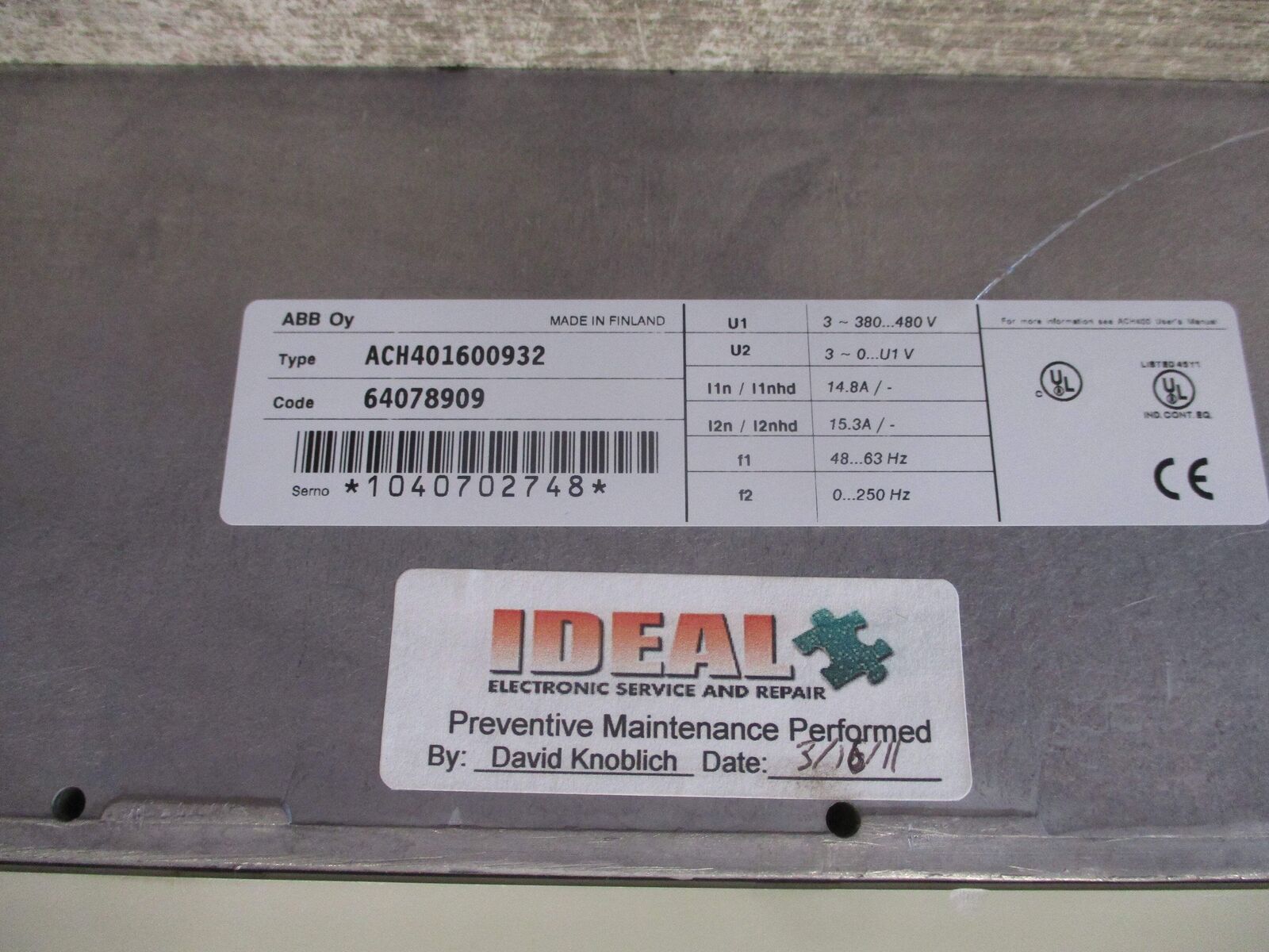 ABB ACH401 AC Drive ACH401600932 10 HP 3Ph Input: 380-480 V 14.8 A 48-63 Hz Outp