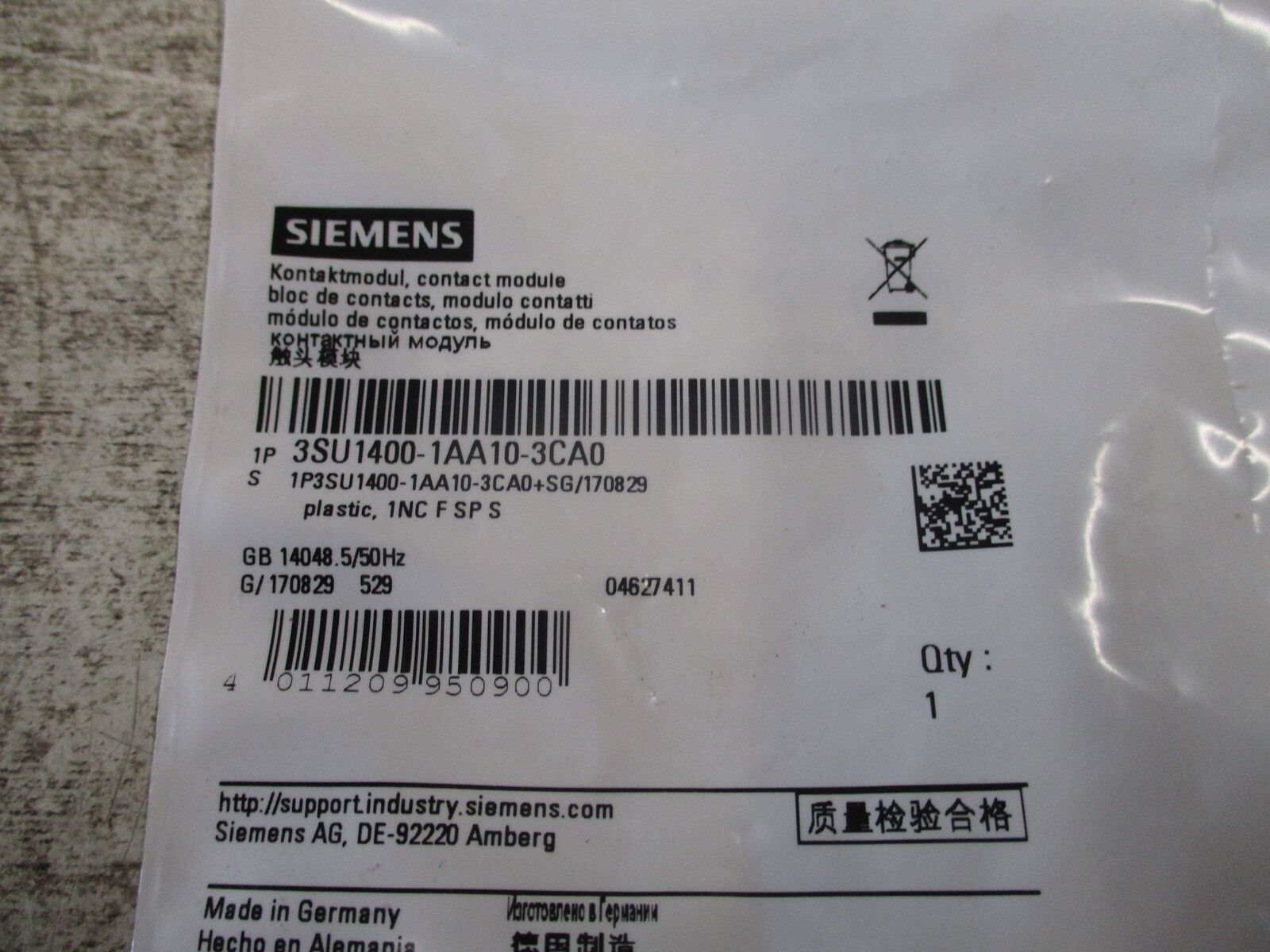 Siemens Contact Module 3SU1400-1AA10-3CA0 New Surplus