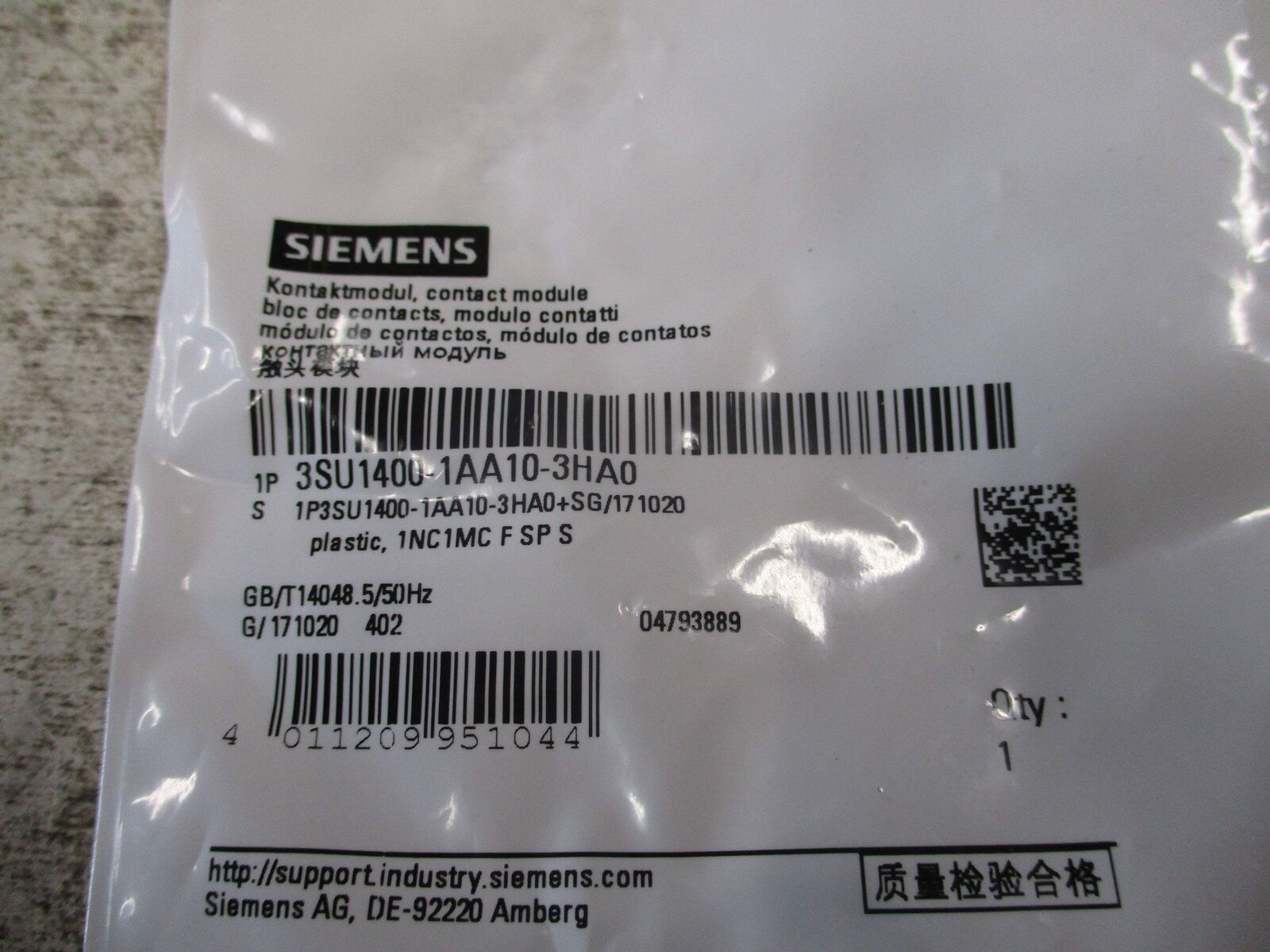 Siemens Contact Module 3SU1400-1AA10-3HA0 New Surplus