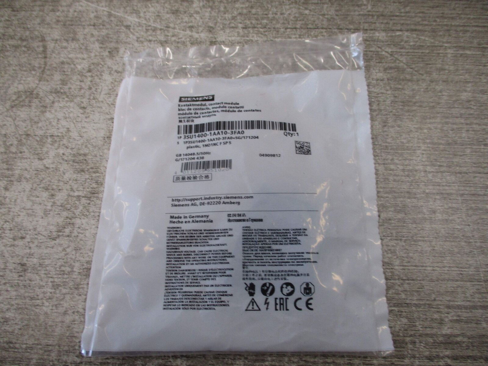 Siemens Contact Module 3SU1400-1AA10-3FA0 1 N.O. 1 N.C. New Surplus