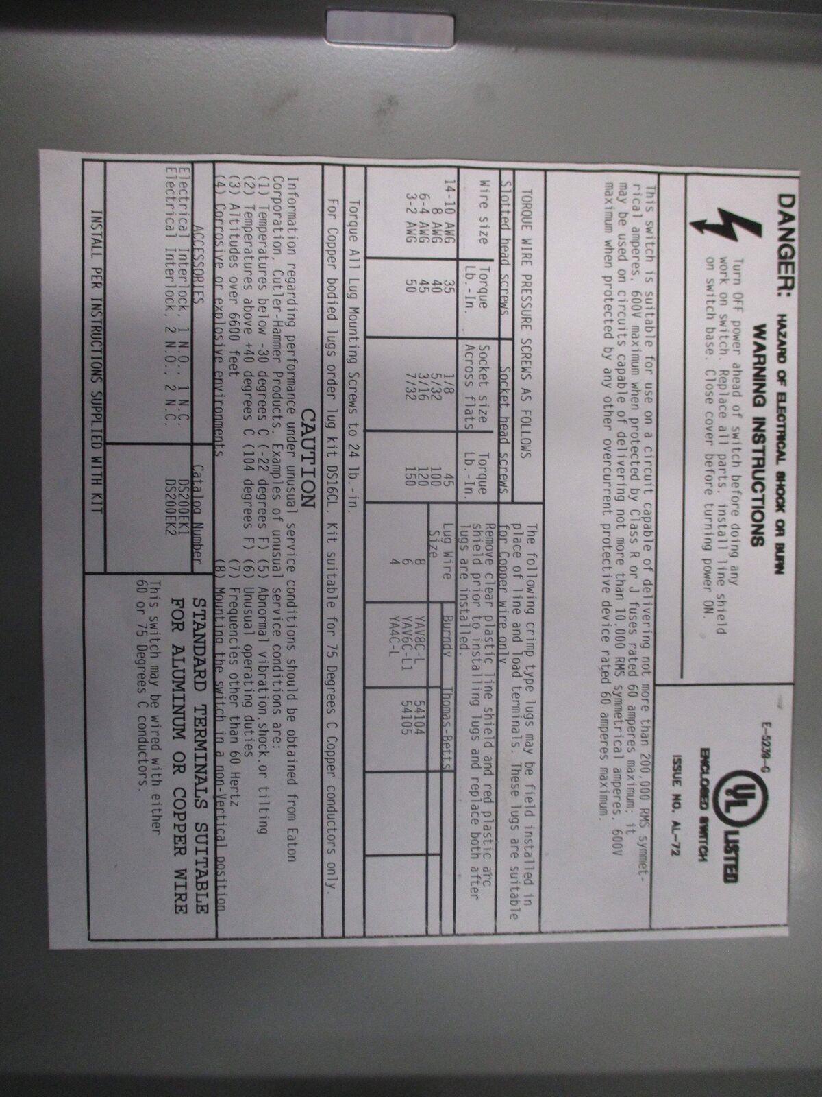 Eaton Fusible Safety Switch/Disconnect DH362UGK Ser. B 60A 600V 3P Used