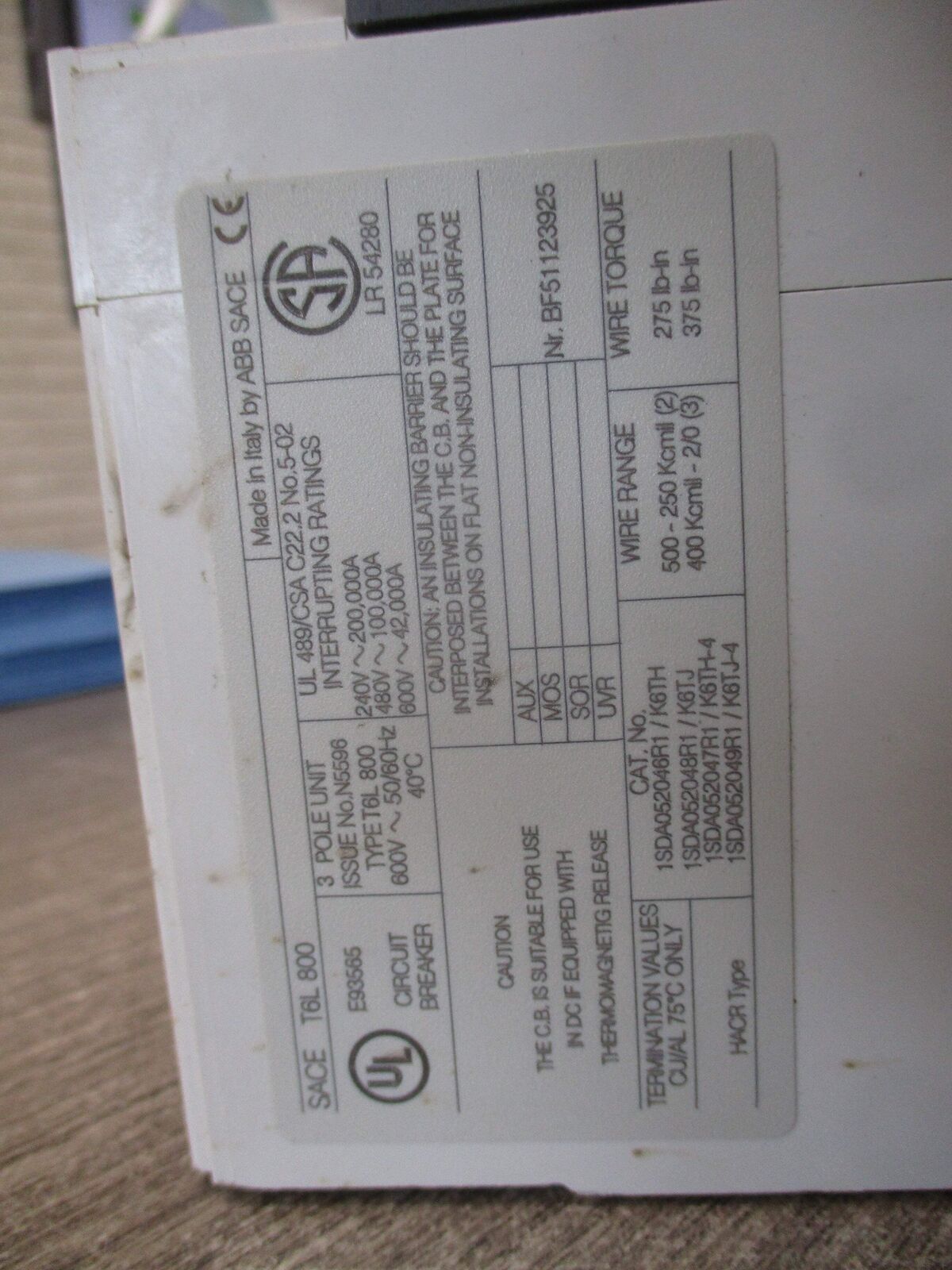 ABB SACE Tmax Breaker Disconnect T6L 800 PR222DS/P 800A 600V 3P Used