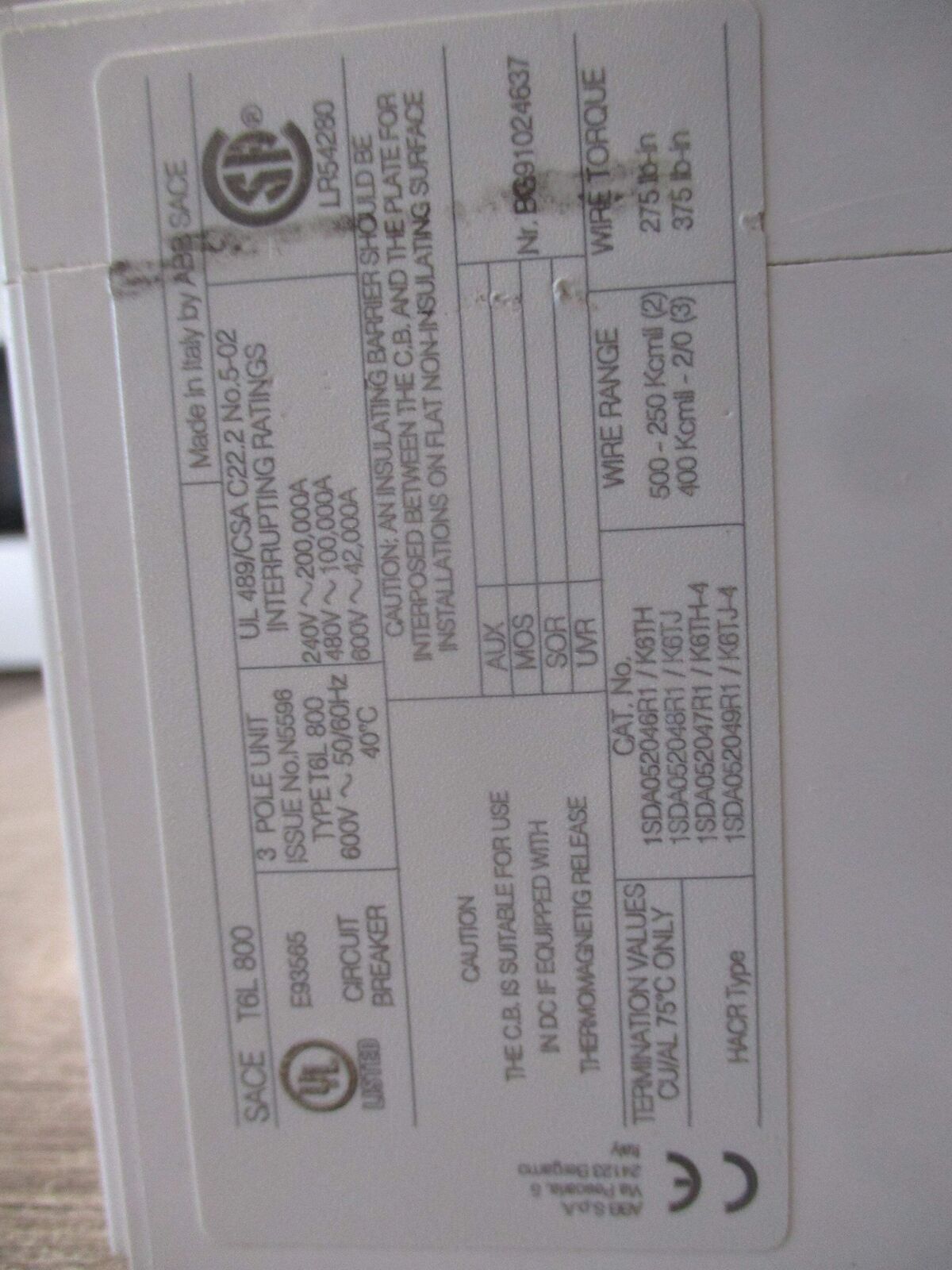 ABB SACE Tmax Breaker Disconnect T6L 800 PR222DS/P 800A 600V 3P * Chipped Corner