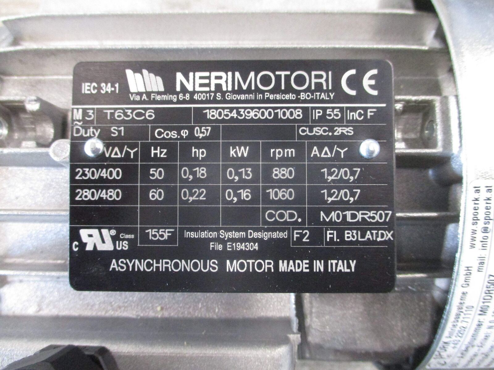 NERIMOTORI Motor T63C6 280/480V 60Hz 0.22HP 0.16kW 1060RPM 1.2/0.7A Used