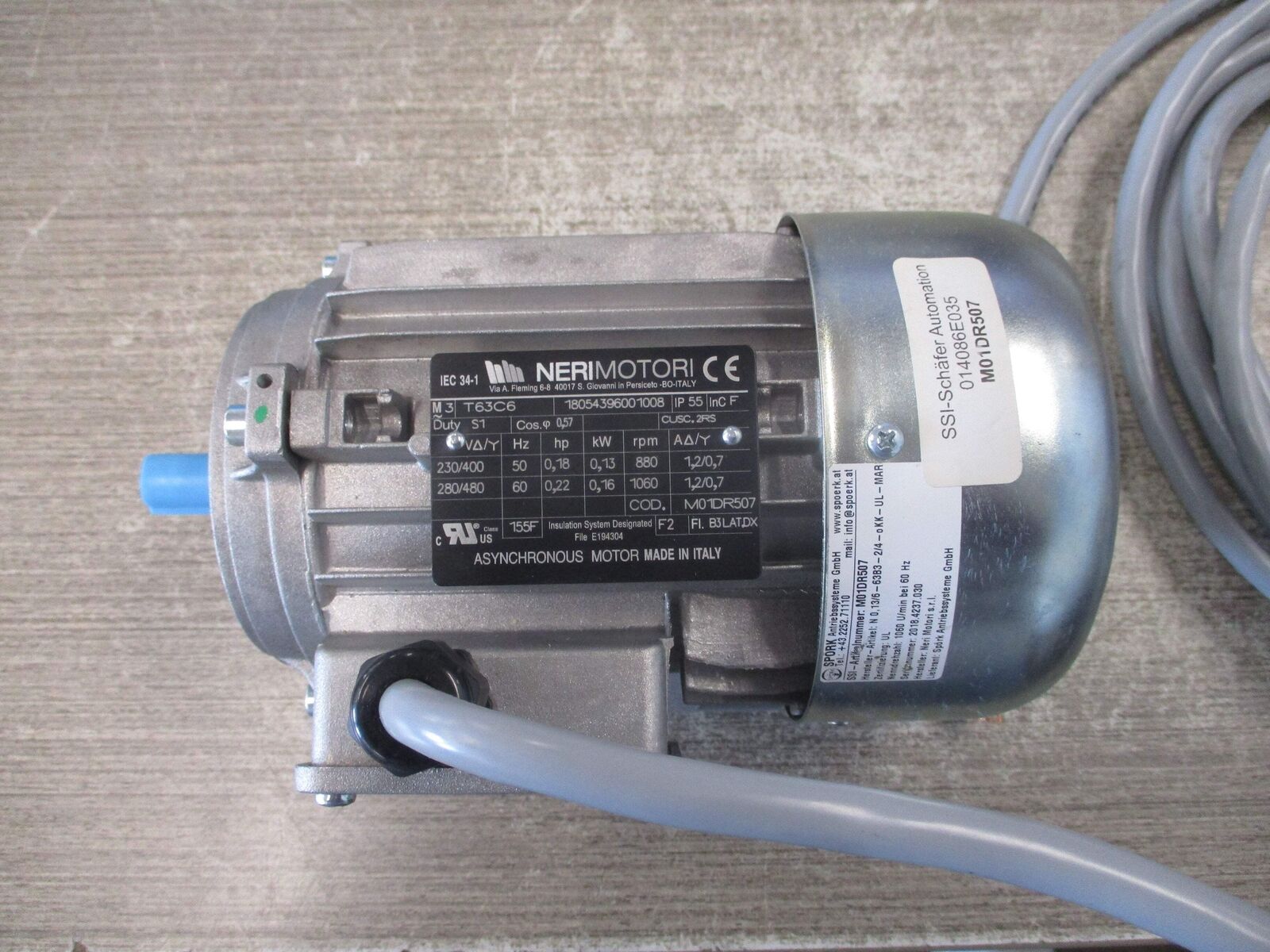 NERIMOTORI Motor T63C6 280/480V 60Hz 0.22HP 0.16kW 1060RPM 1.2/0.7A Used