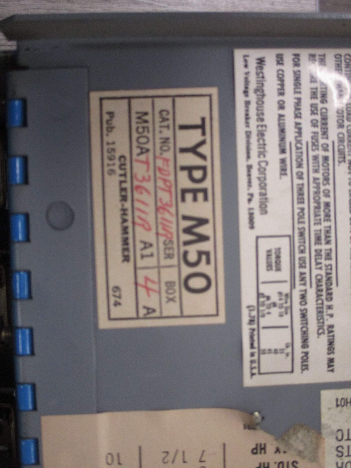 Cutler-Hammer Type M50 Dual Panel Board Switch FDPT3611R 30A 600V 3P W/Mounting