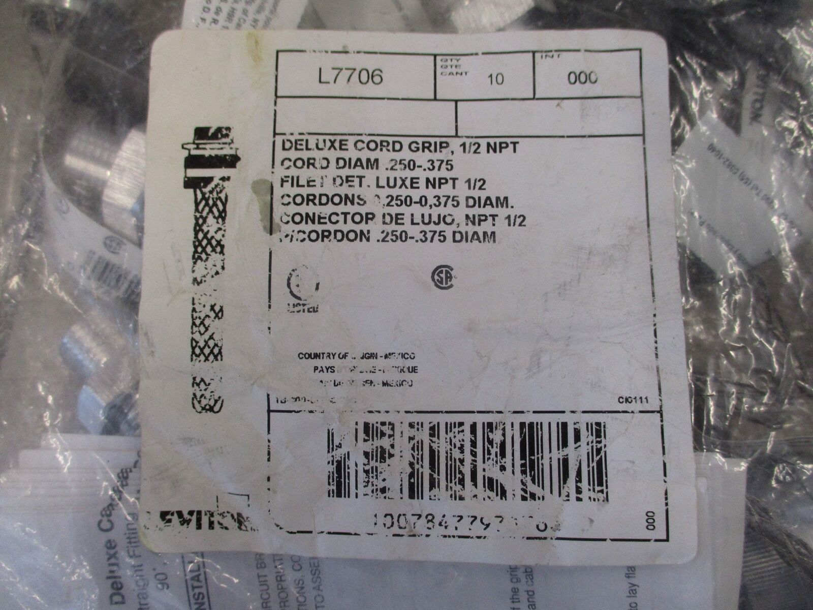 Leviton Deluxe Cord Grip L7706 1/2 NPT * Lot of 10 * New Surplus