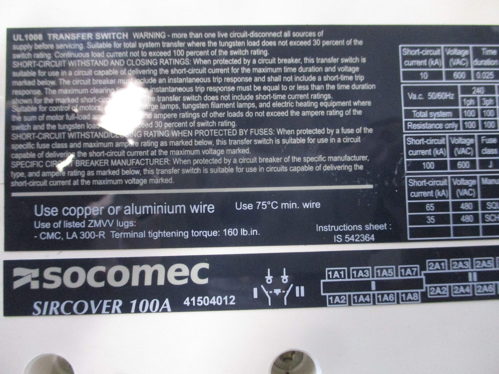 Socomec Sircover Non-Automatic Transfer Switch 41504012 100A 600V Used