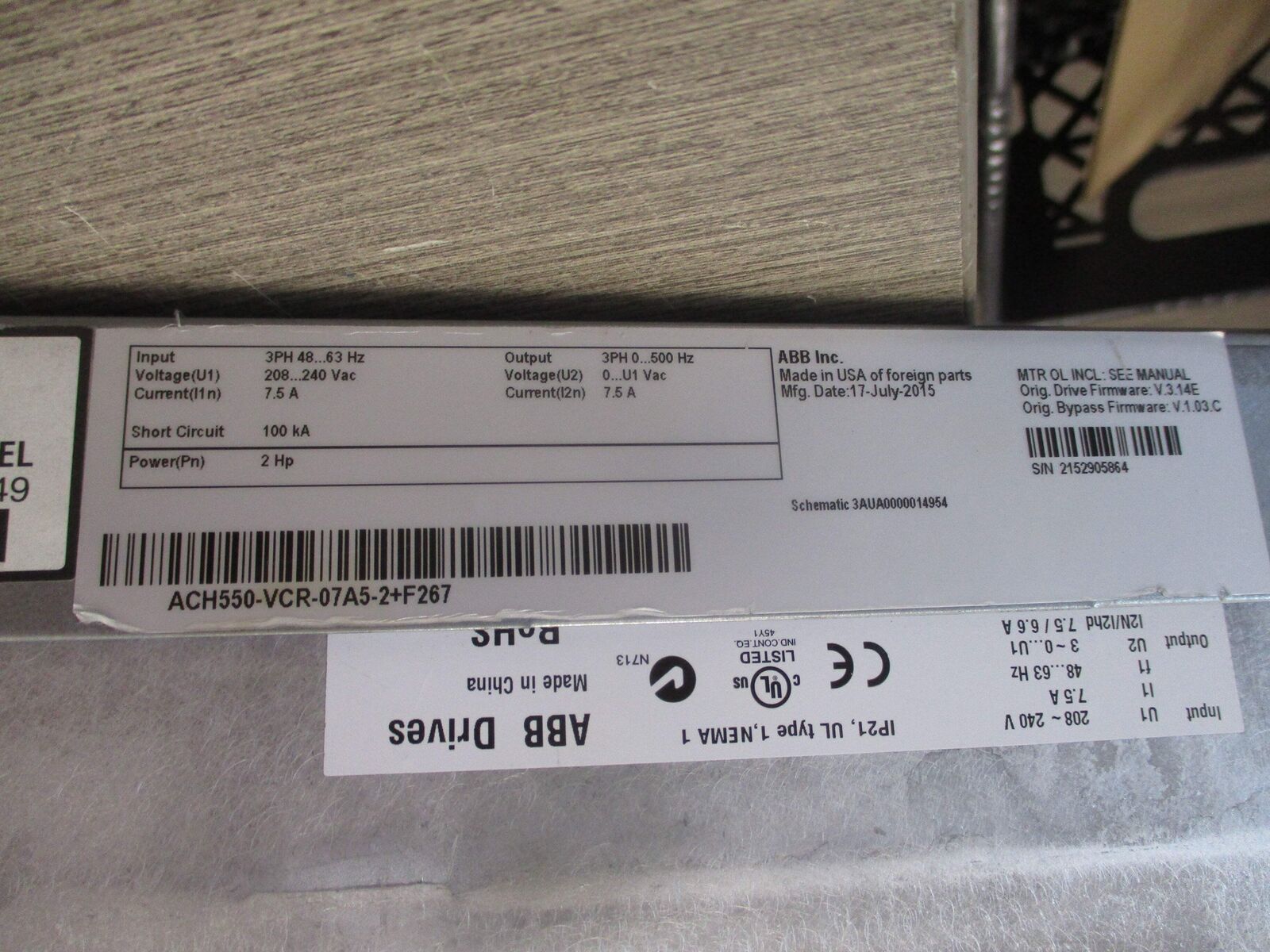 ABB ACH550 AC Drive W/Bypass ACH550-VCR-07A5-2+F267 2HP 3Ph Input: 3PH 48-63Hz 2