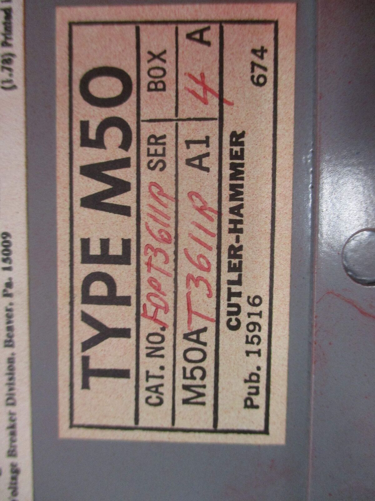 Cutler-Hammer Type M50 Dual Panelboard Switch FDPT3622R 60A 600V 3P W/Mounting H