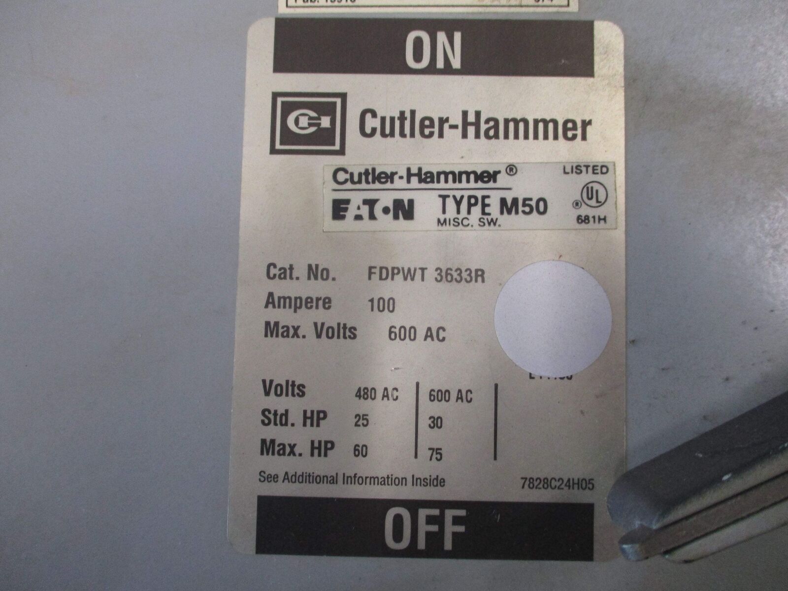 Cutler-Hammer Type M50 Dual Panelboard Switch FDPWT 3633R 100A 600V Used