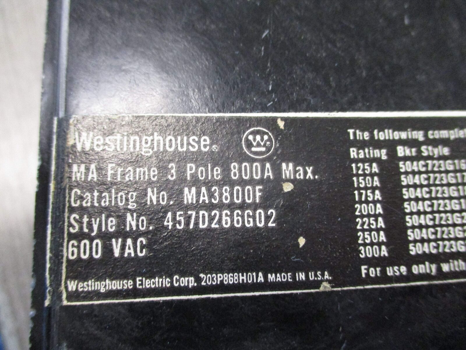Westinghouse Circuit Breaker MA3800F 600A Trip 600V 3P Used