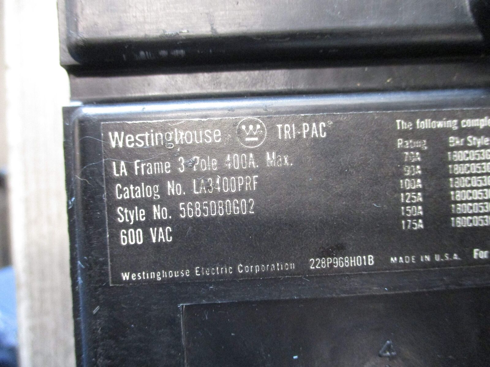 Westinghouse Tri-Pac Circuit Breaker LA3400PRF 100A Trip 600V 3P Used