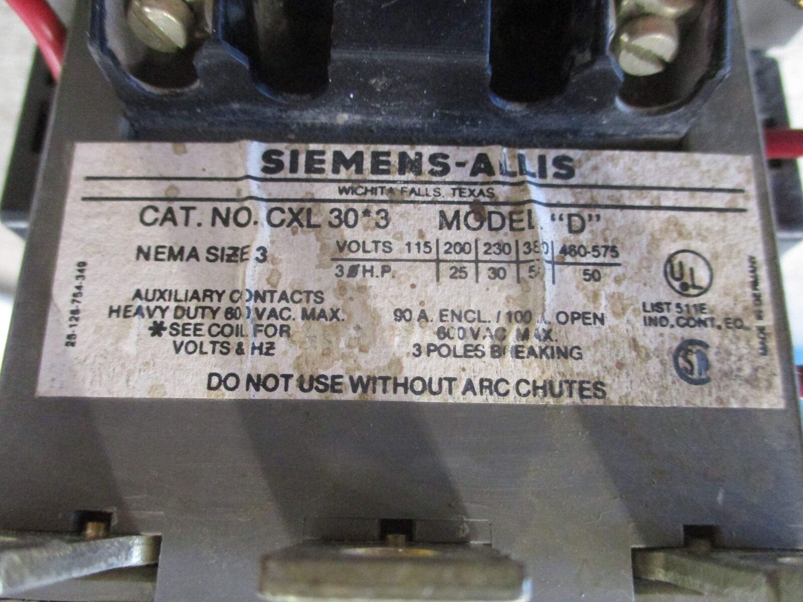 Siemens Size 3 Starter CXL 30*3/3UA58 00-2U 120V Coil Trip: 63-80A Used