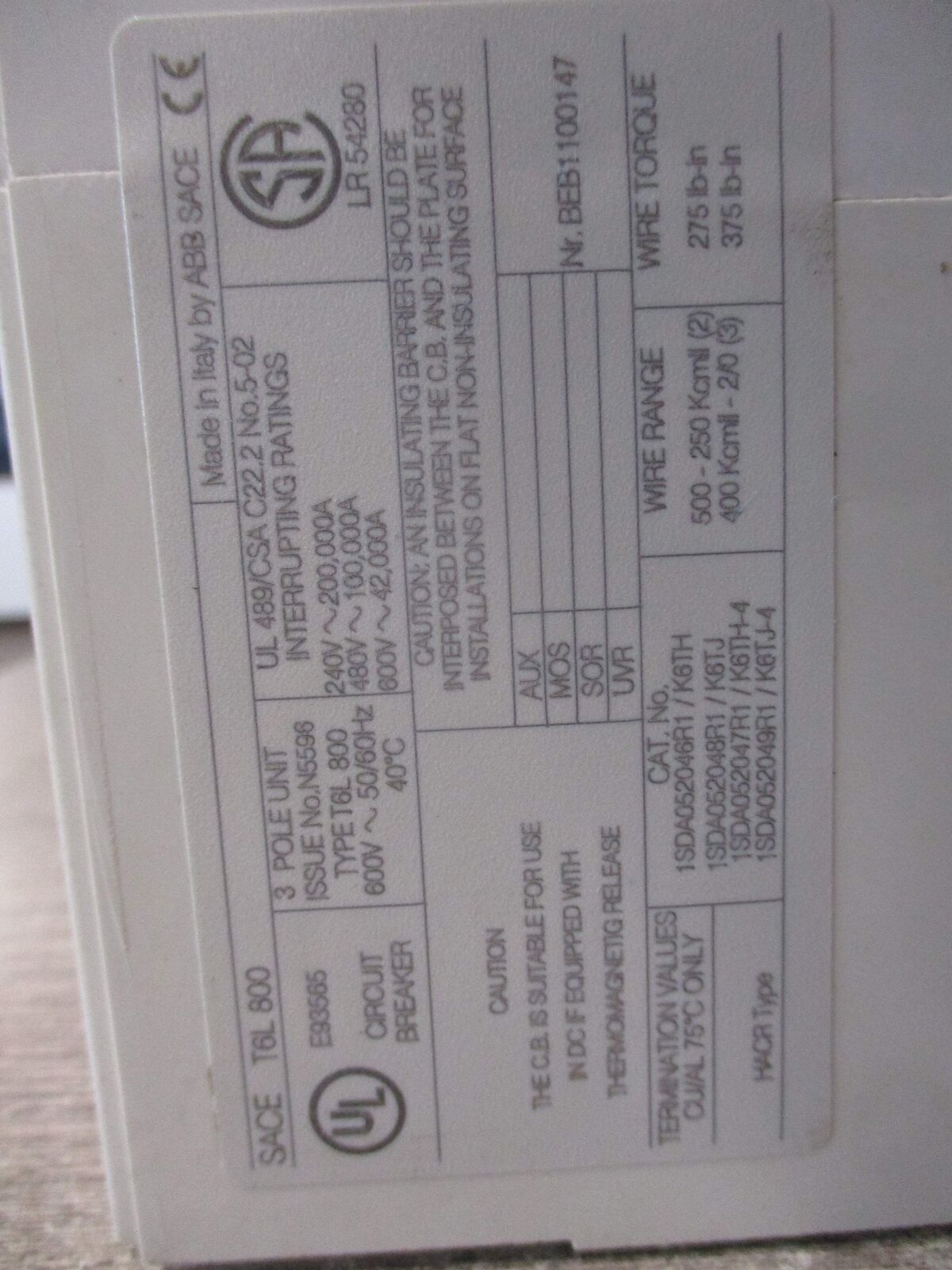 ABB SACE Tmax Breaker Disconnect T6L 800 PR222DS/P 800A 600V 3P *No Handle* * Mi