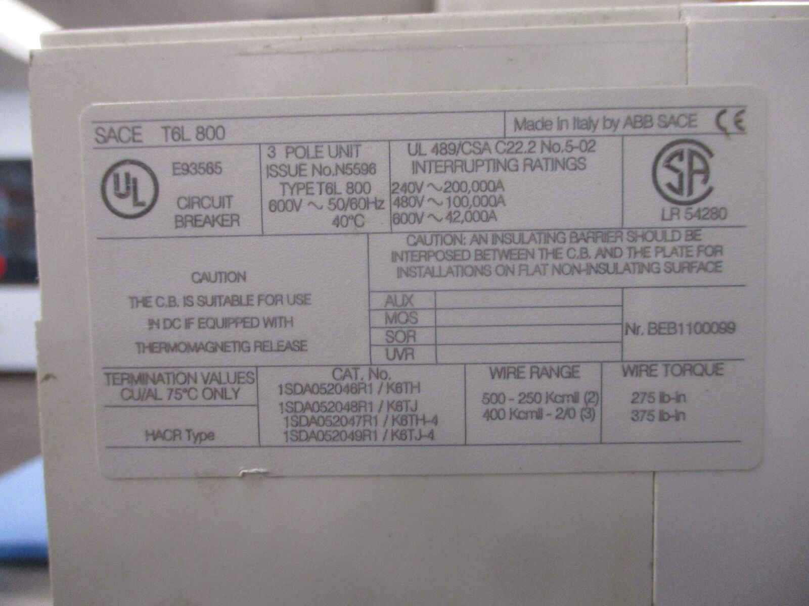 ABB SACE Tmax Breaker Disconnect T6L 800 PR222DS/P 800A 600V 3P *No Handle* Used