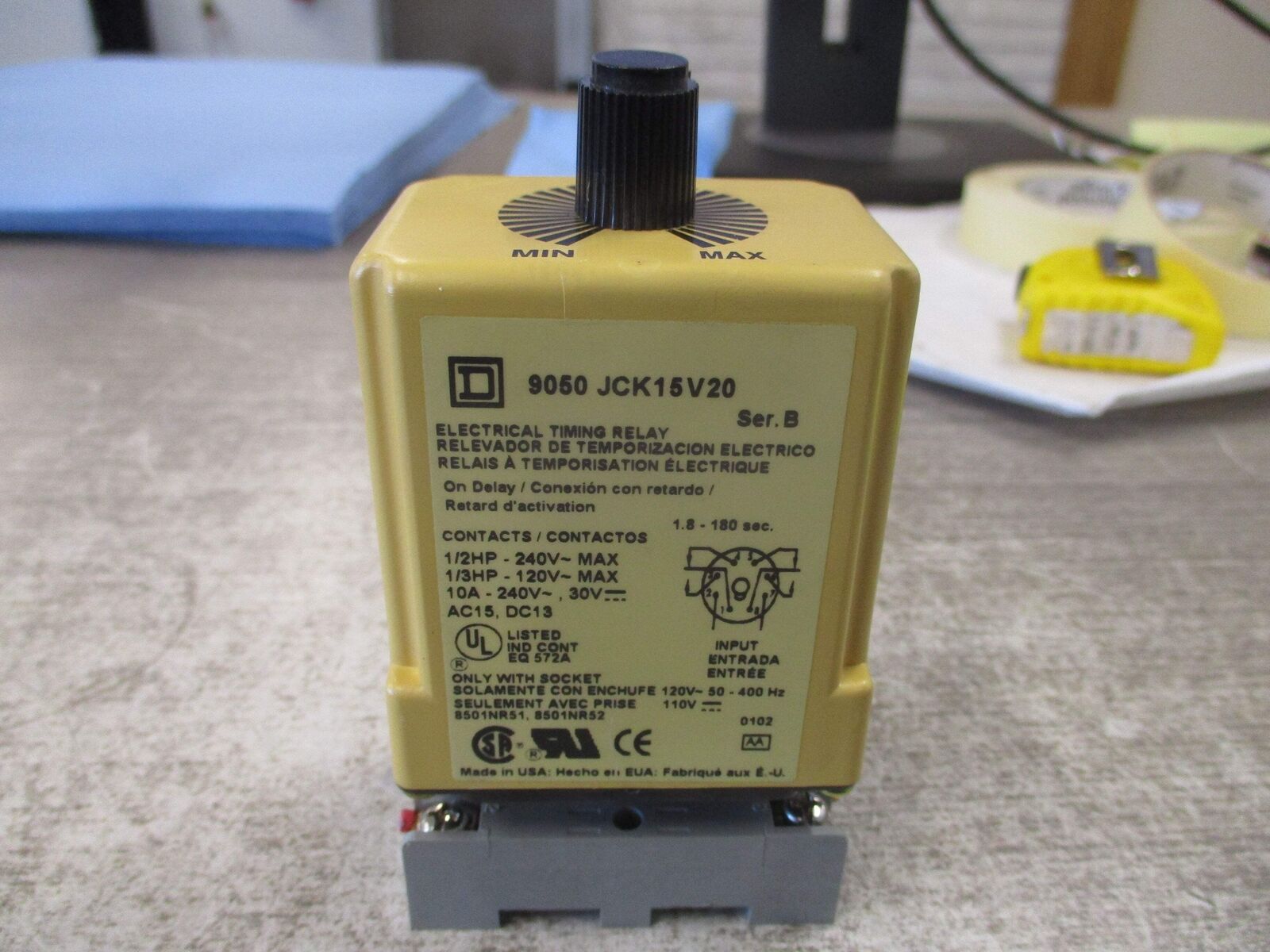 Square D Electrical Timing Relay 9050 JCK15V20 Ser. B Range: 1.8-180 Sec W/Base