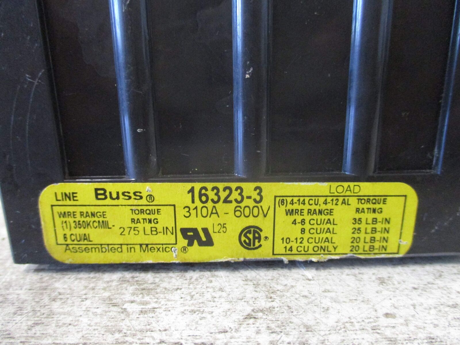 Buss Power Distribution Block 16323-3 310A 600V 3P Line (1): 350KCMIL-6 Load (6)