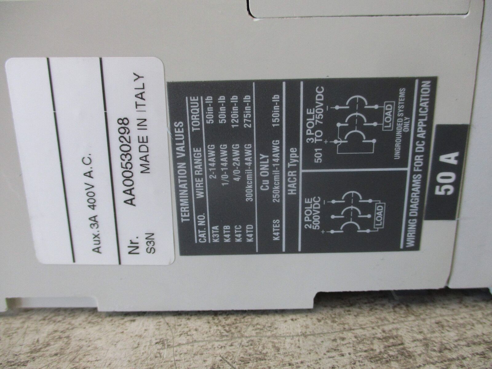 ABB SACE S3 Breaker Disconnect S3N 50A 600V 3P *No Handle* Used