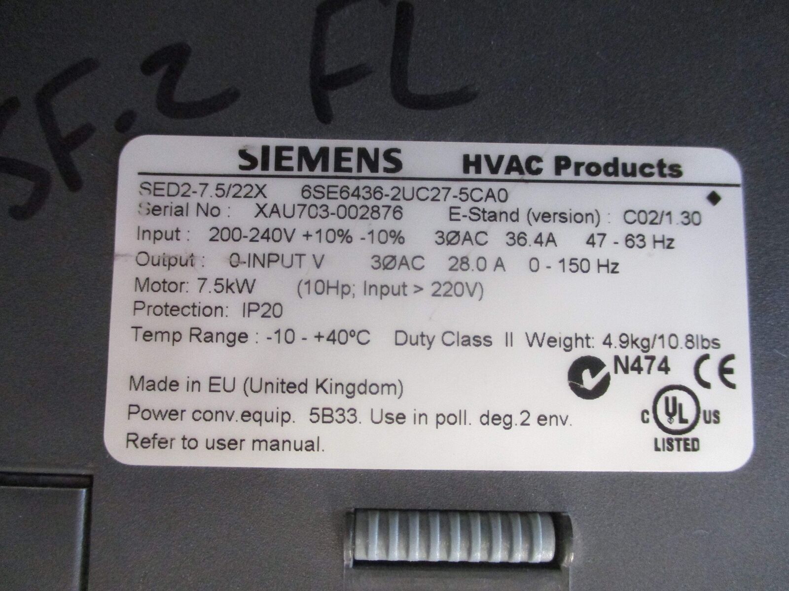 Siemens SED2-7.5/22X AC Drive 6SE6436-2UC27-5CA0 10HP 3Ph Input:200-240V +10%-10