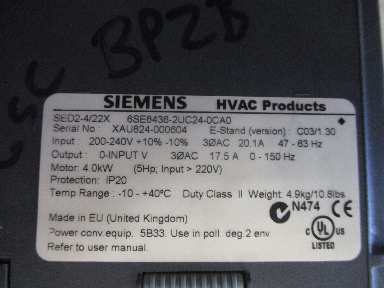 Siemens SED2-4/22X AC Drive 6SE6436-2UC24-0CA0 5PH 3Ph Input: 200-240V +10%-10%