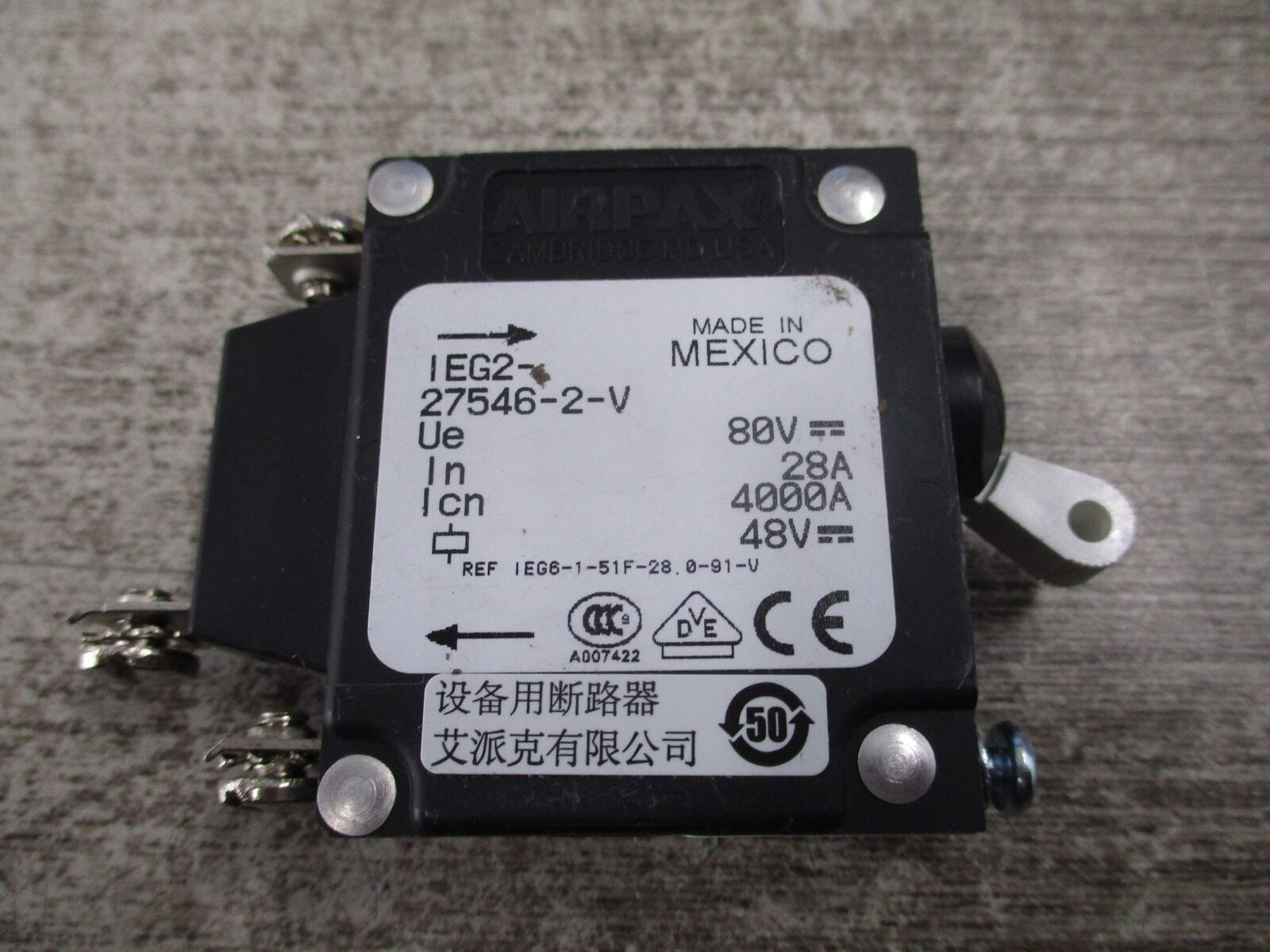 Airpax DC Circuit Breaker IEG2-27546-2-V 28A 80VDC 1P Used