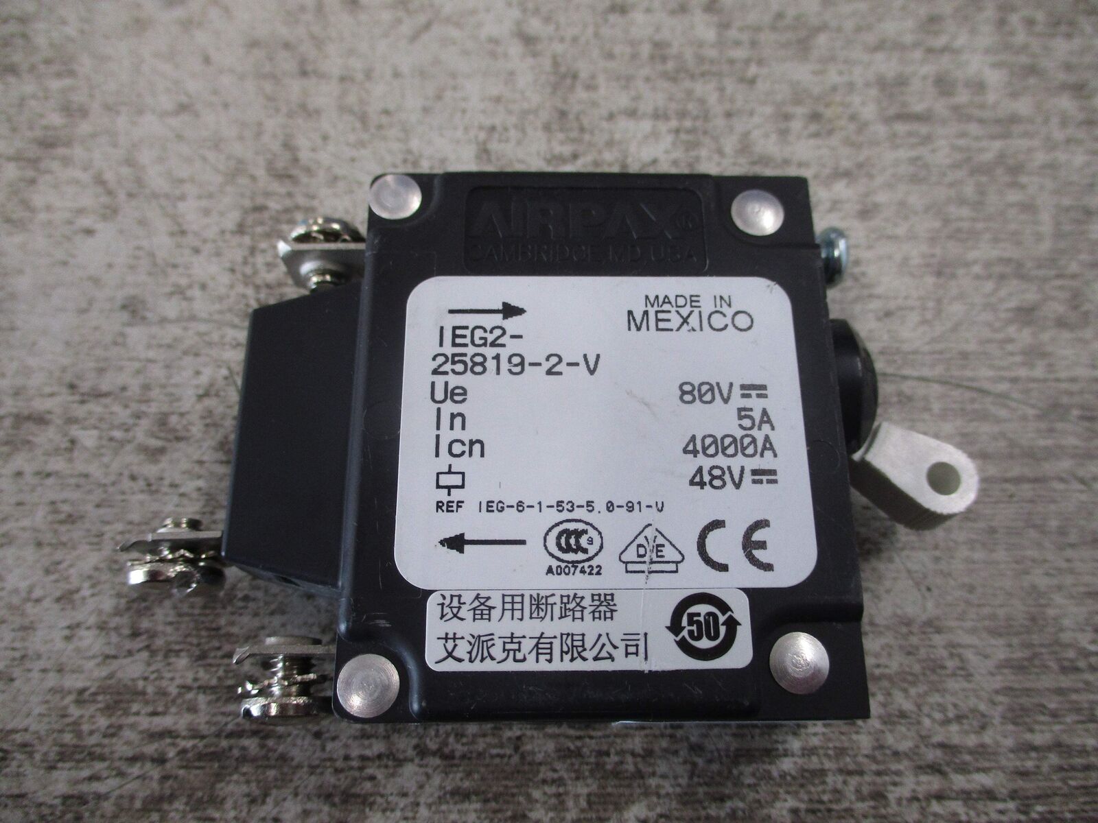 Airpax DC Circuit Breaker IEG2-25819-2-V 5A 80VDC 1P Used