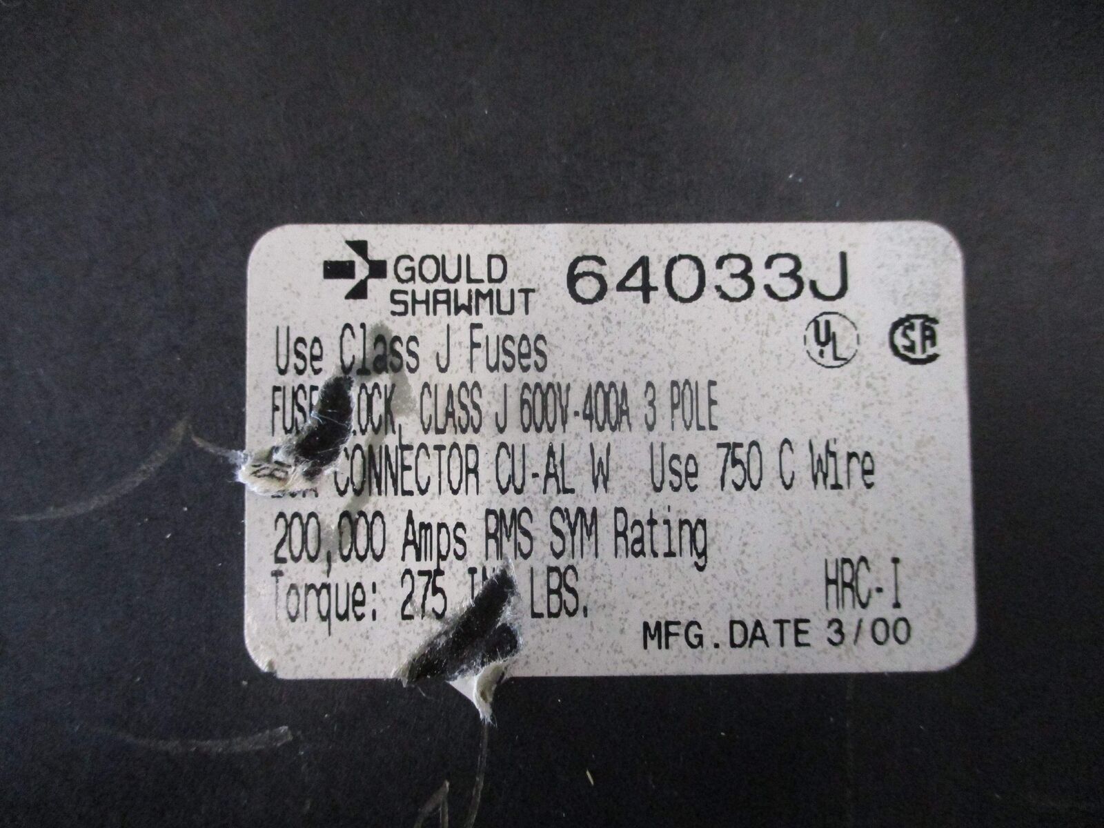 Gould Shawmut Fuse Block 64033J 400A 600V 3P Used