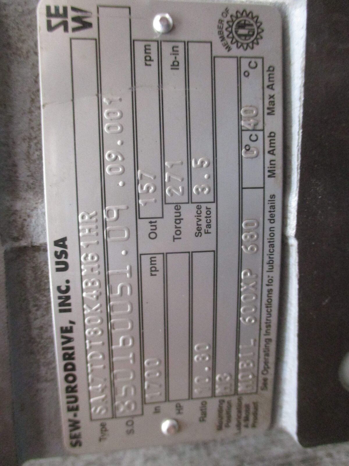 Sew-Eurodrive Gear Motor/W Brake SA47TDT80K4BMG1HR .75HP 3PH 460Y/230V 1800RPM 2
