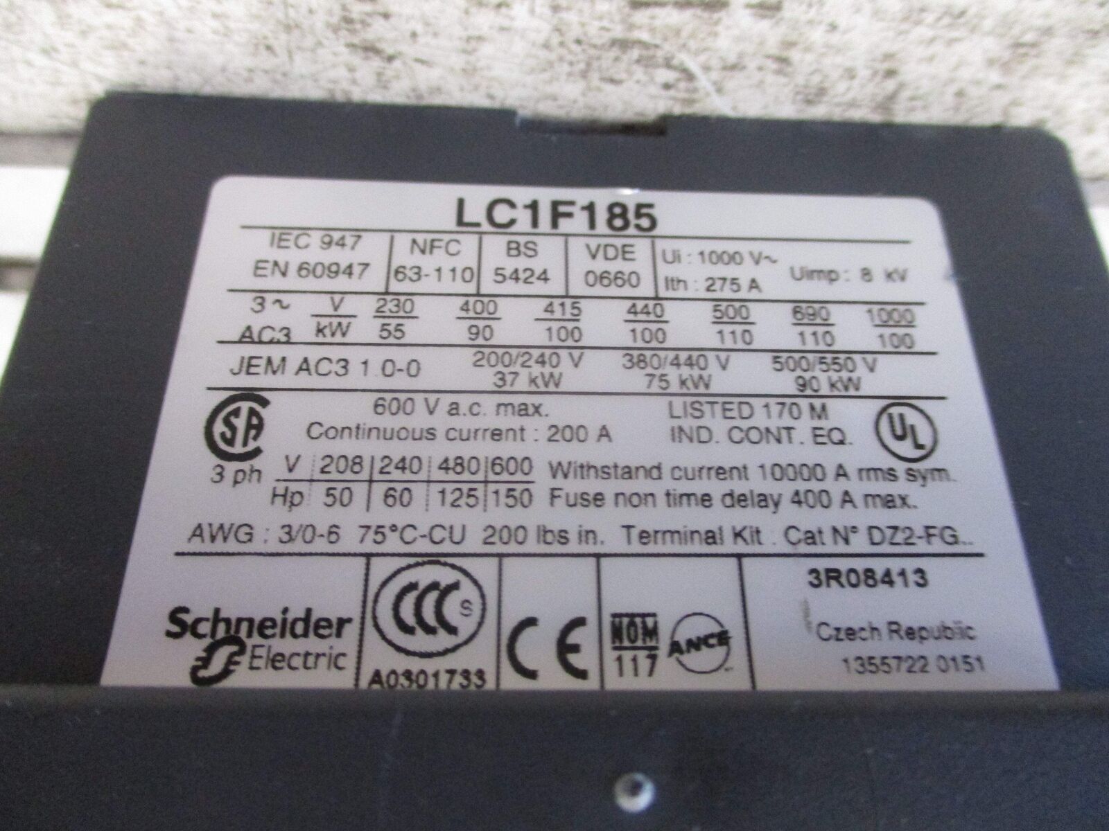Telemecanique Contactor LC1 F185 115-120V Coil (1) Aux Contact Block Used
