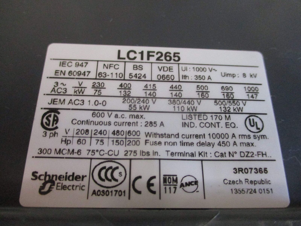 Telemecanique Contactor LC1F265 120-127V Coil 40-400 Hz 285A 600V *Missing Coil