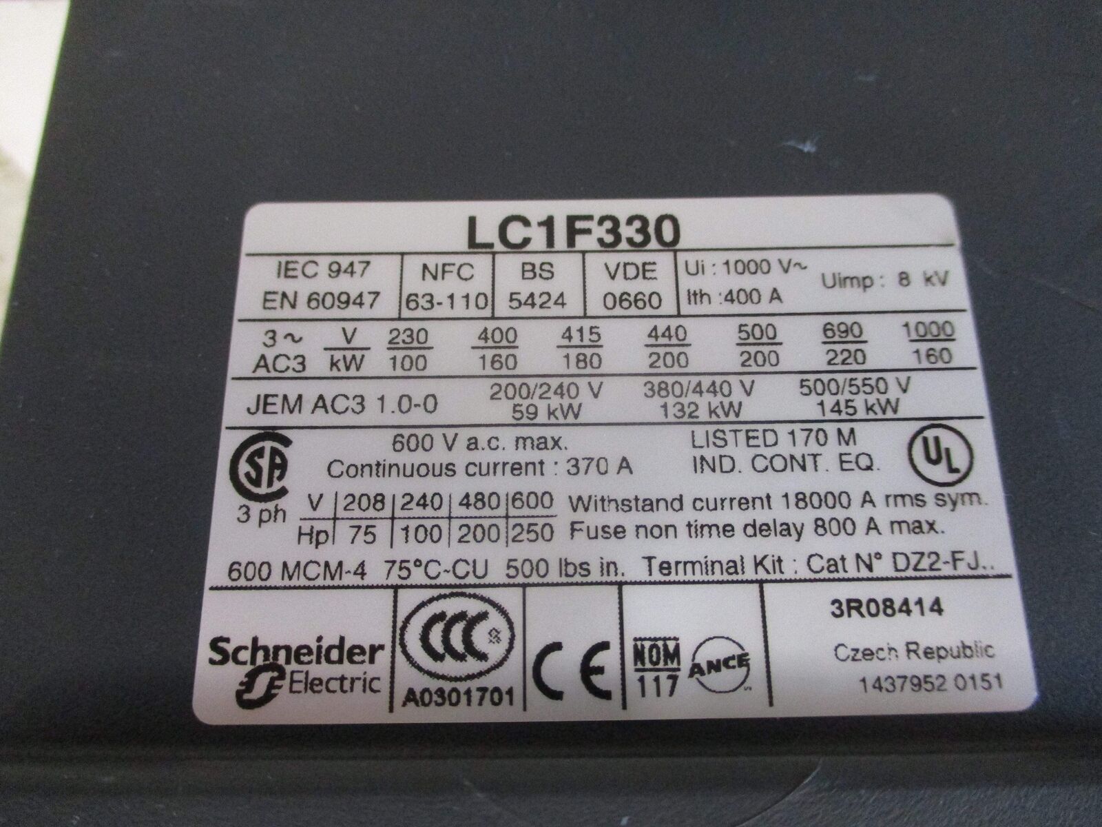 Telemecanique Contactor LC1-F330 120-127V Coil (1) Aux Contact Block Used