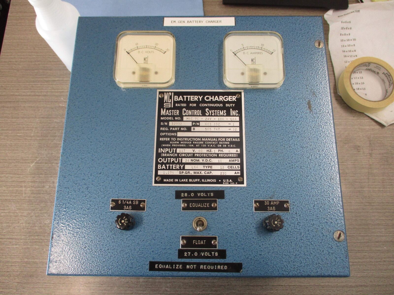 MCS MBC 7C-24V-10A-L6A Battery Charger 603 332-1 Input: 117V 60Hz 1Ph 6A Output: