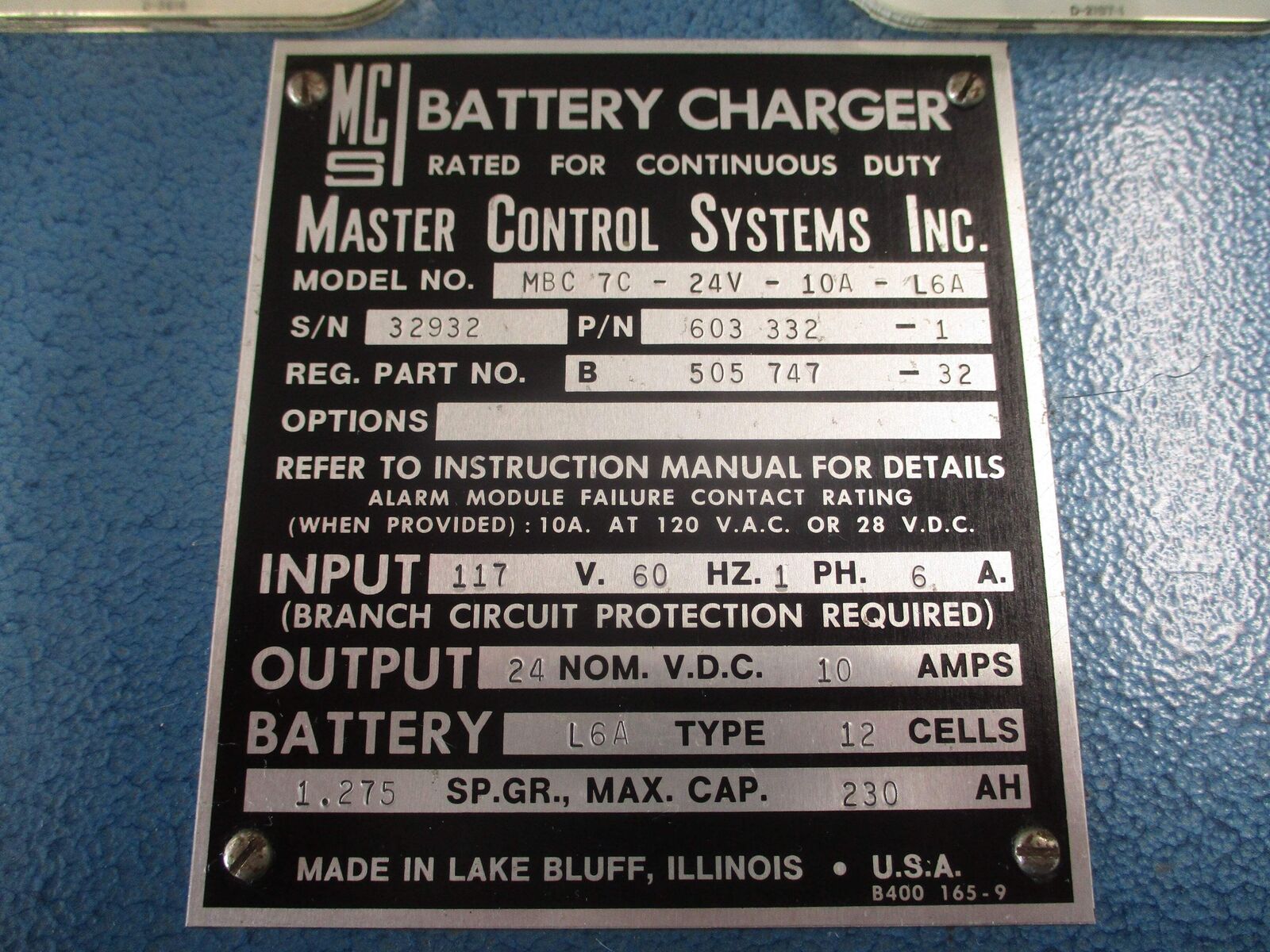 MCS MBC 7C-24V-10A-L6A Battery Charger 603 332-1 Input: 117V 60Hz 1Ph 6A Output: