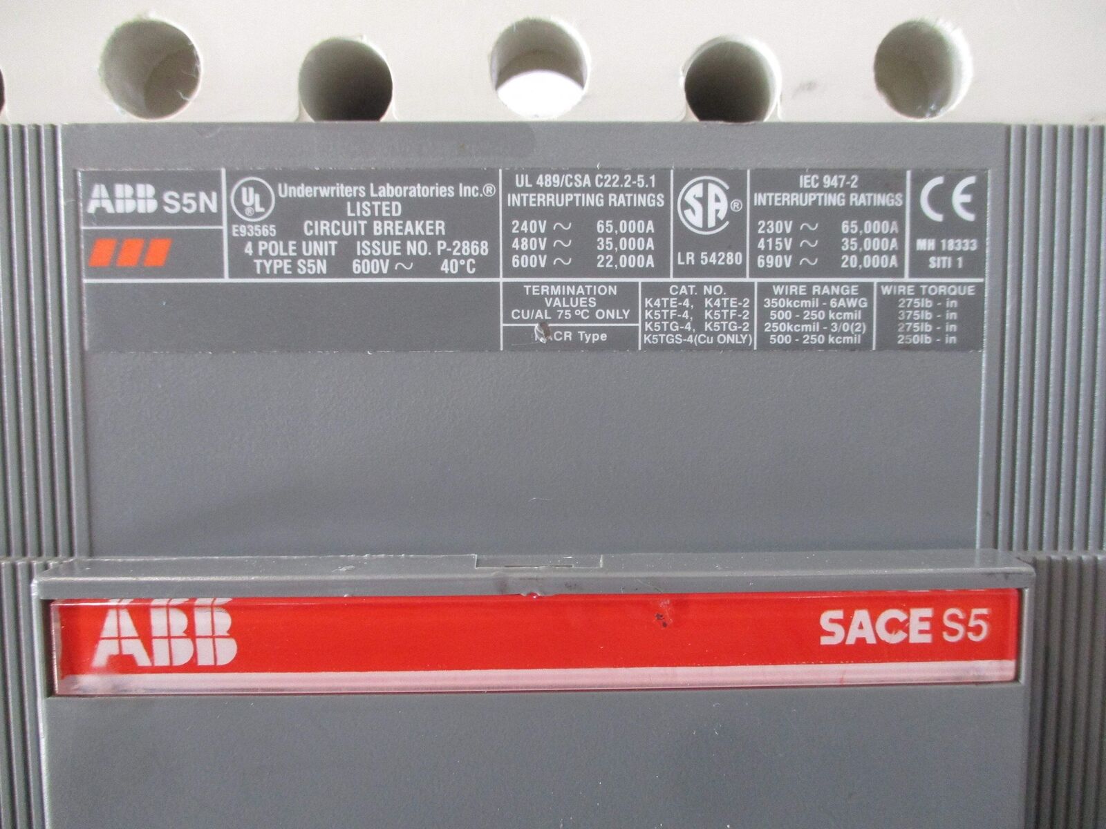 ABB SACE S5 Circuit Breaker S5N PR211 400A 600V 4P *NO Shunt Trip Wires* *Chippe