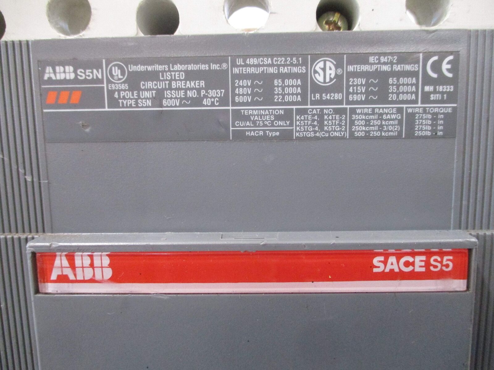 ABB SACE S5 Circuit Breaker S5N PR211 400A 600V 4P *No Stunt Trip Wires* Used