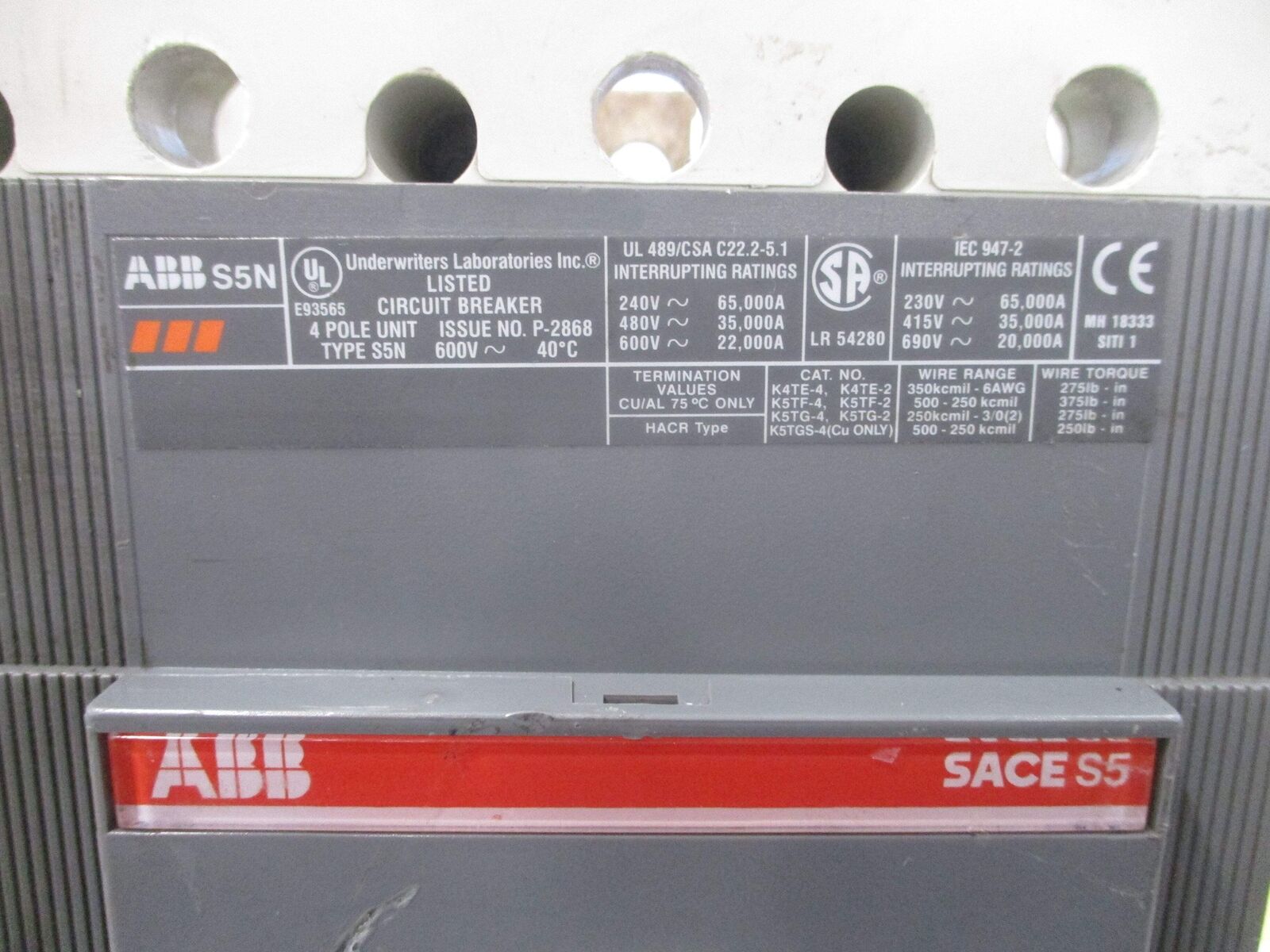 ABB SACE S5 Circuit Breaker S5N PR211 400A 600V 4P *No Stunt Trip Wires* Used