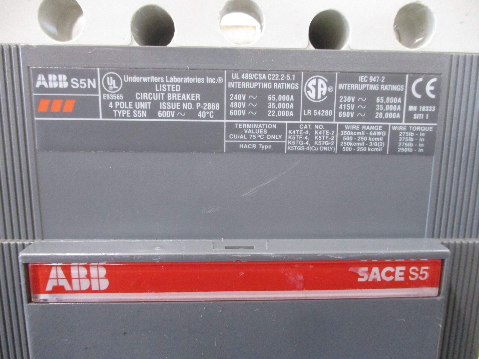 ABB SACE S5 Circuit Breaker S5N PR211 400A 600V 4P Used