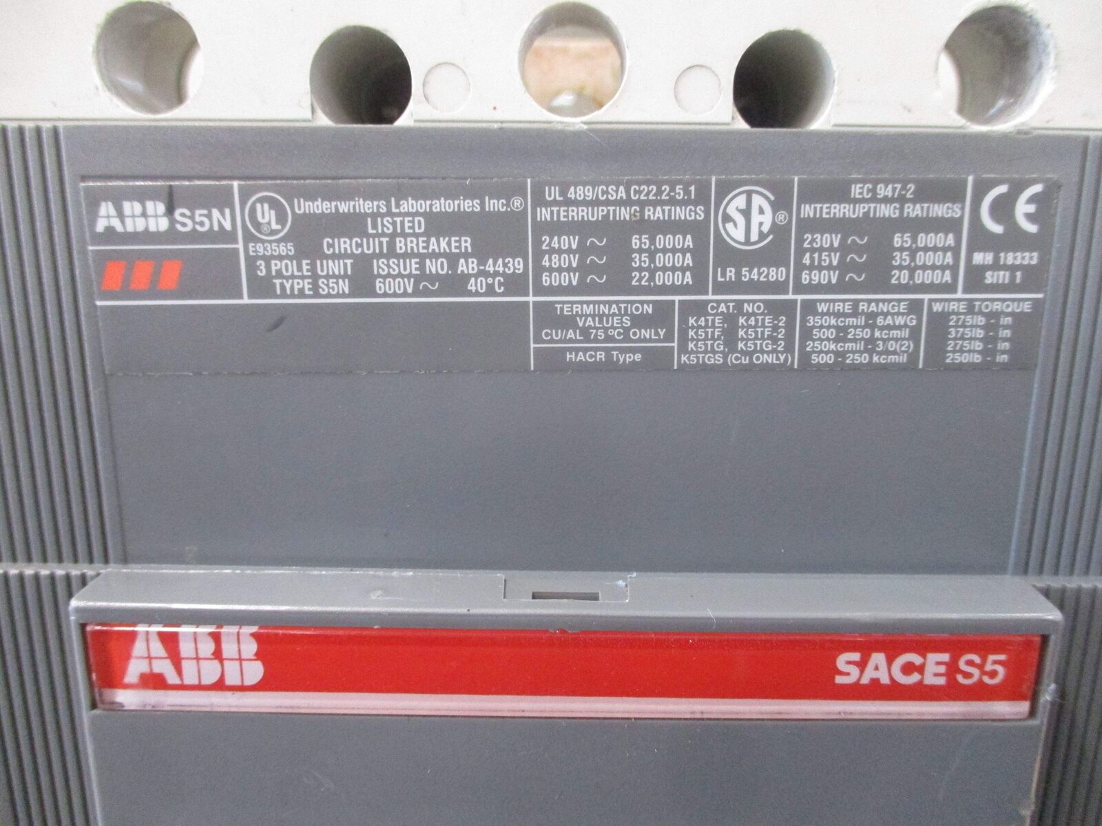 ABB SACE S5 Circuit Breaker S5N PR211 400A 600V 3P *Chipped Back Plate* Used