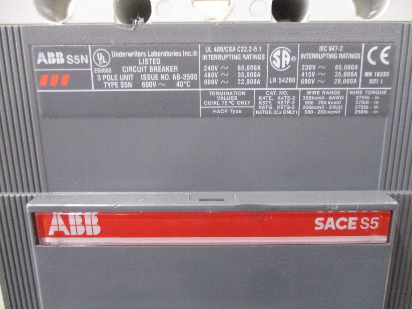 ABB SACE S5 Circuit Breaker S5N PR211 400A 600V 3P Used