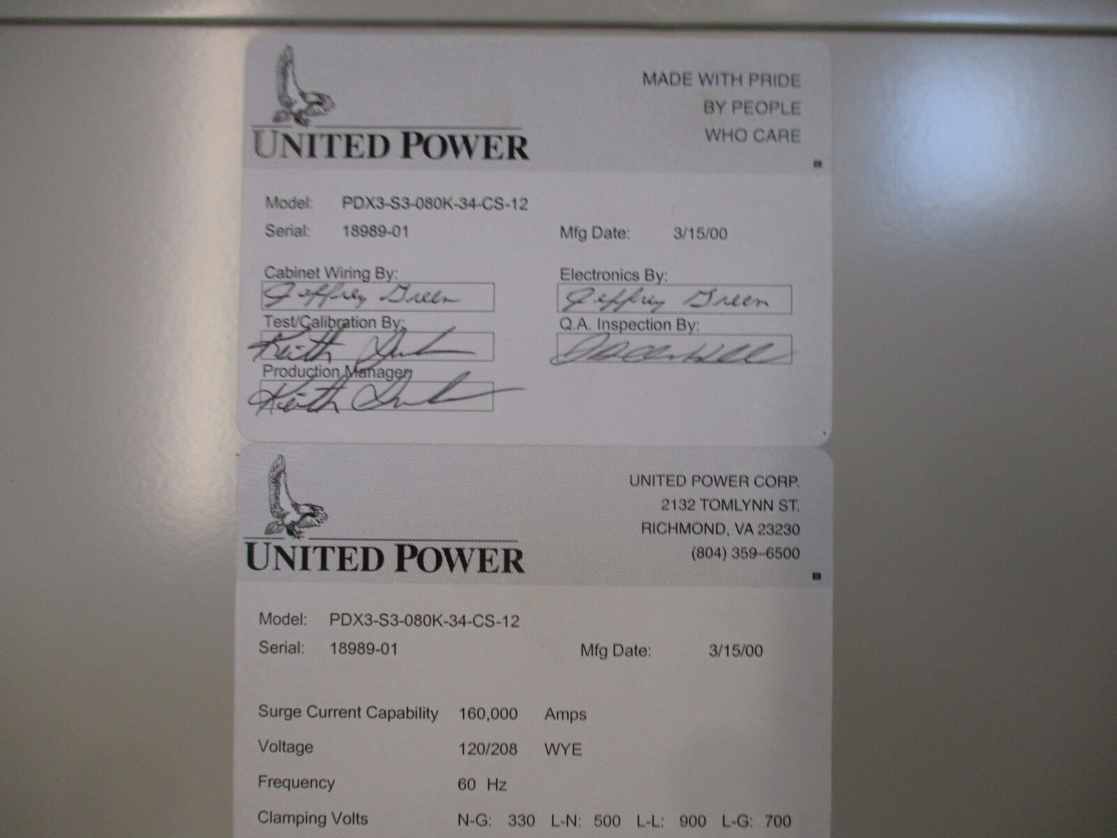 United Power Surge Suppressor PDX3-S3-080K-34-CS-12 120/208V 60Hz Ratings: 330 N